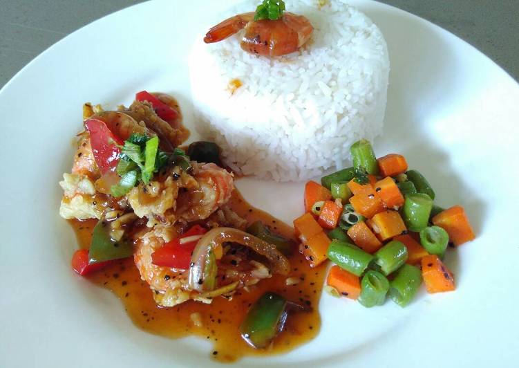 Resep: Shrimp black pepper and sautéed vegetables 