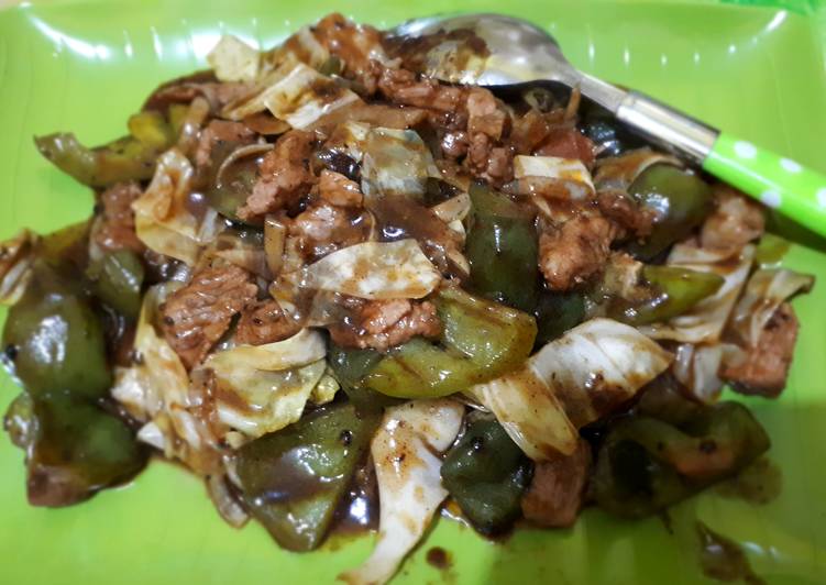 Resep: Beef and cabbage black pepper sauce/daging sapi dan kol saos lada hitam 