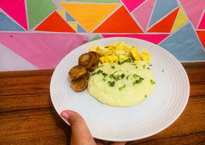 Resep Creamy mashed potato with scrambled egg and 'bakso koin'