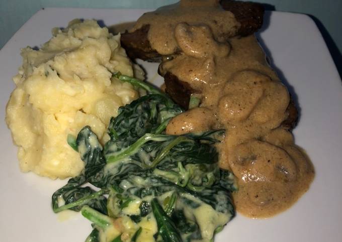 Resep Sirloin steak with mushroom sauce and creamy spinach